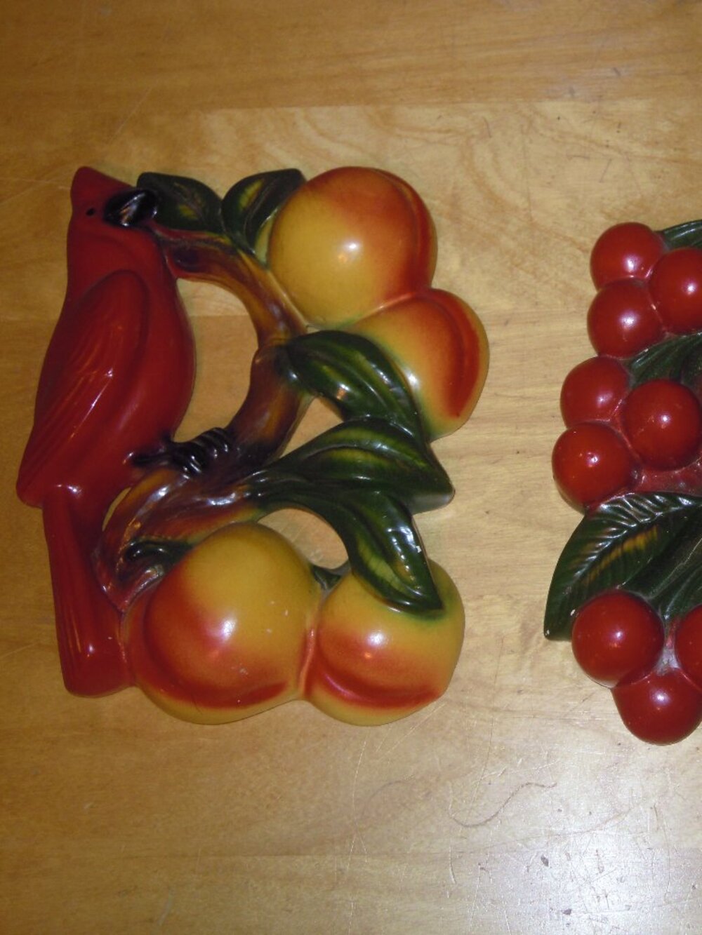 2 Vintage 50s Chalkware Fruit Bird Wall Plaques Hanging Cardinal Bluebird